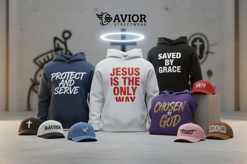 Jesus is the only way. saved by Grace, protect and serve, chosen by God. sweats, hoodies, hats. color white, black, red, blue, purple, pink, brown, ''Savior Streetwear collection of hoodies, hats, and sweats with bible verses such as Ephesians 2:8, Isaiah 40:31, and Joshua 1:9.''